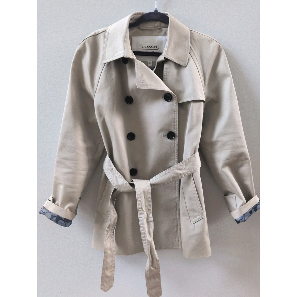 Coach Women's Khaki Peacoat With Signature Blue Logo Design Inner Lining (Large)